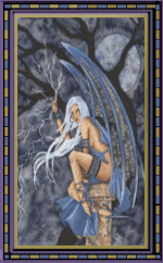 a gif of a pale woman with long, straight white hair and lavender dragon wings sitting on a pillar. she wears a revealing dress the same colour as her wings and pointy ballet-looking shoes. she is holding one hand up casting lightning across the background, which is a cloudless night sky  with a bright full moon behind a tree with no leaves. there is a blinking purple and gold frame.