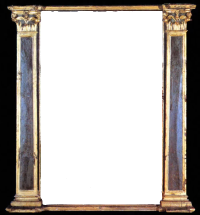 a dark wooden frame with gold leaf detailing. there are two pillars on either side. the frame is transparent in the center.